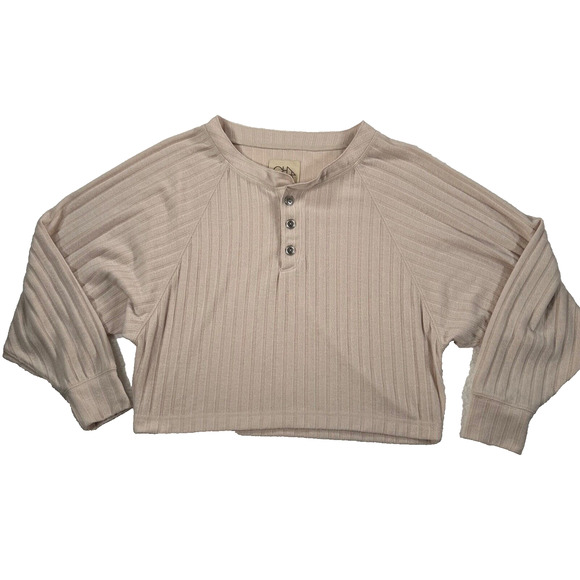 Chasor Ribbed Long Sleeve Henley Cropped Top Women's X-Small Beige - Picture 1 of 10